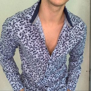Zara slim fit button up light blue floral & birds